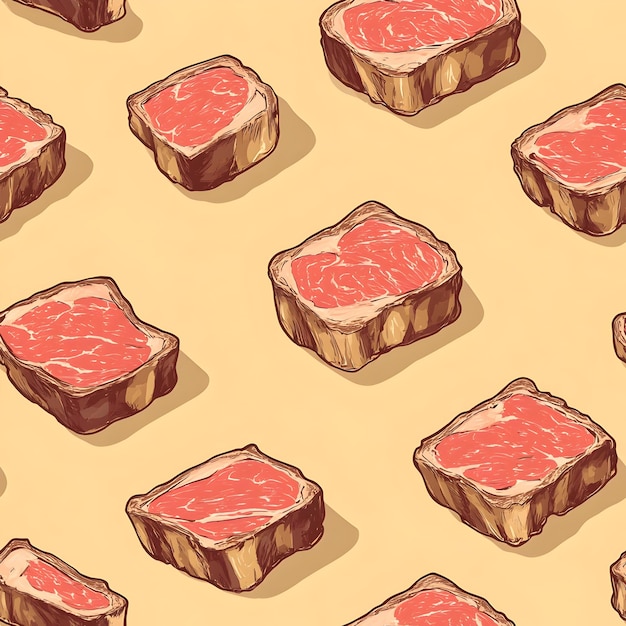 Vibrant of Succulent Steak Slices on Pastel Orange Background for Seamless Repeating Pattern