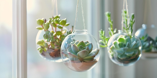 Photo vibrant succulents in glass terrariums hanging in sunny window casting shadows concept succulents glass terrariums hanging plants sunny window shadows