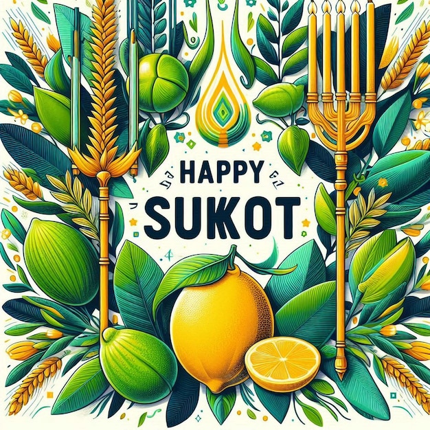 Photo vibrant sukkot graphic with lulav etrog and festive elements celebrating harvest and nature