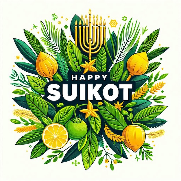 Vibrant Sukkot Graphic with Lulav Etrog and Festive Elements Celebrating Harvest and Nature