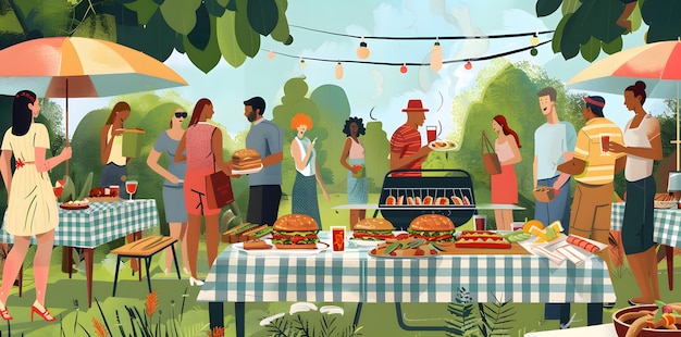 Vibrant Summer BBQ Scene with Friends and Family Enjoying Delicious Food