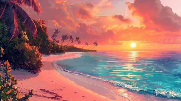 a vibrant summer beach with white sand crystalclear turquoise water and a sunset