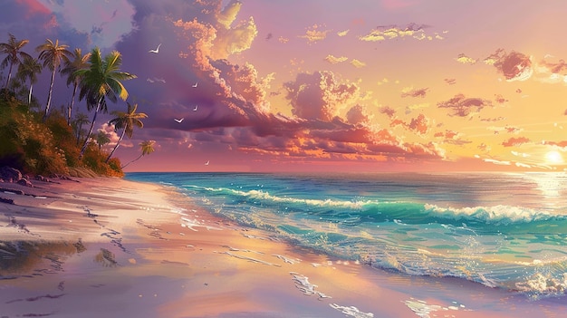 a vibrant summer beach with white sand crystalclear turquoise water and a sunset