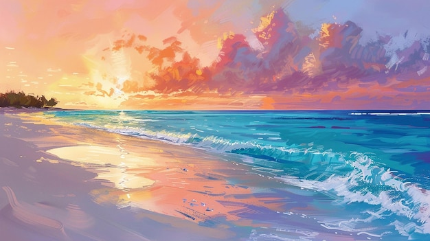 a vibrant summer beach with white sand crystalclear turquoise water and a sunset