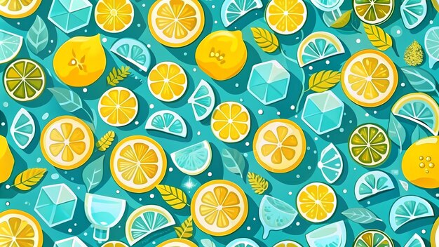 Vibrant Summer Citrus Pattern with Lemons and Ice Cubes Design