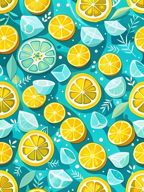 Vibrant Summer Citrus Pattern with Lemons and Ice Cubes Design