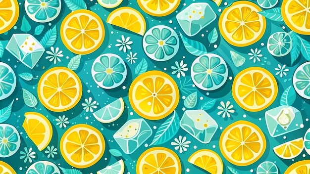 Vibrant Summer Citrus Pattern with Lemons and Ice Cubes Design