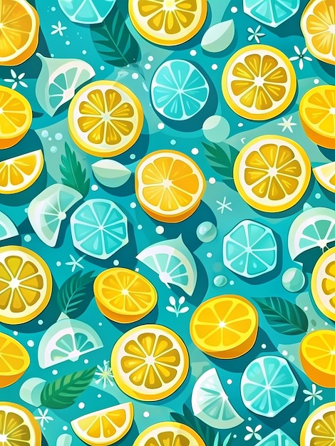 Vibrant Summer Citrus Pattern with Lemons and Ice Cubes Design