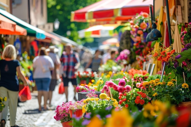 Vibrant Summer Flower Market Festival with Colorful Stalls and Lively Crowds