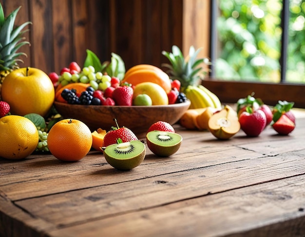 Photo vibrant summer fruits arranged around a 3d podium selective focus fresh and juicy whimsical overlay picnic table