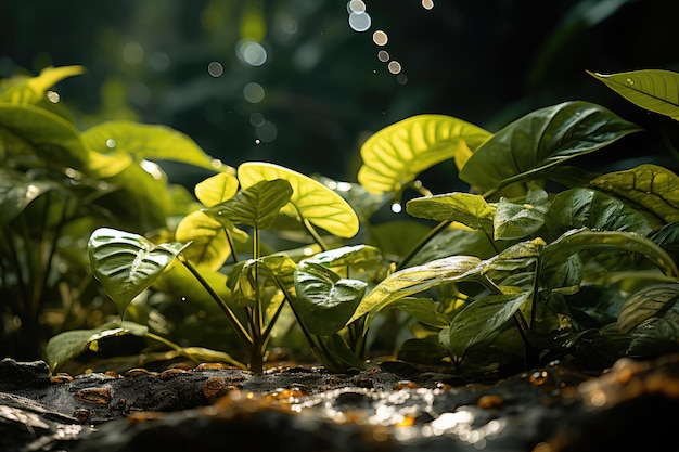 Vibrant summer leaves background with sunlight filtering through the foliage shadows and highlights