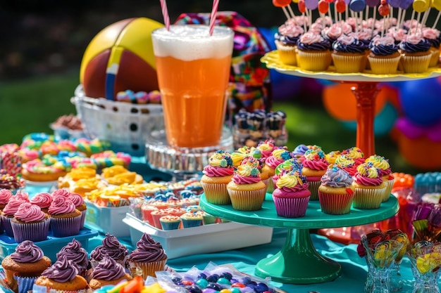 Photo vibrant summer party spread featuring delicious cupcakes and colorful treats fun drinks add to the festive vibe perfect for celebrations generative ai