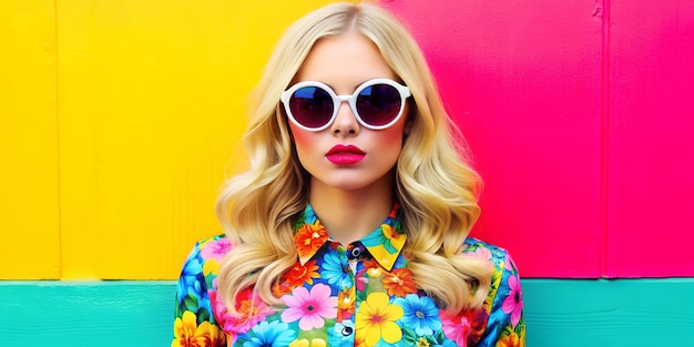 Vibrant Summer Portrait Woman in Floral Shirt Against Blue Background