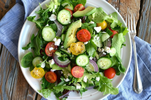 A vibrant summer salad with mixed greens cherry tomatoes and avocado on a white plate