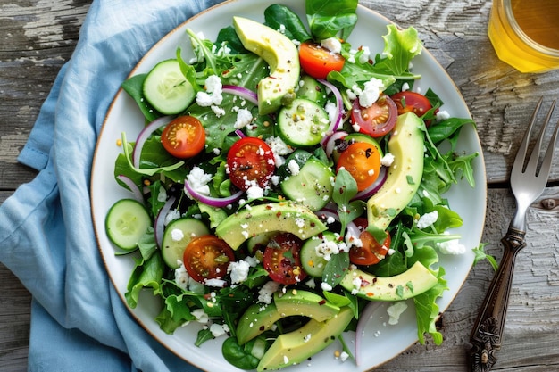 A vibrant summer salad with mixed greens cherry tomatoes and avocado on a white plate