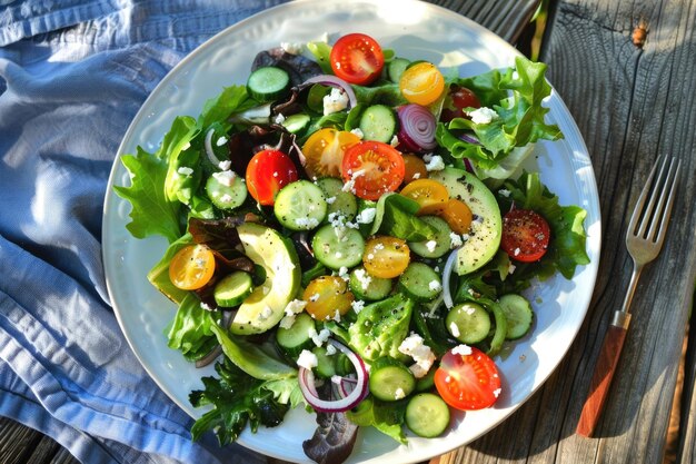 A vibrant summer salad with mixed greens cherry tomatoes and avocado on a white plate