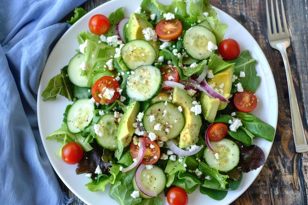 A vibrant summer salad with mixed greens cherry tomatoes and avocado on a white plate