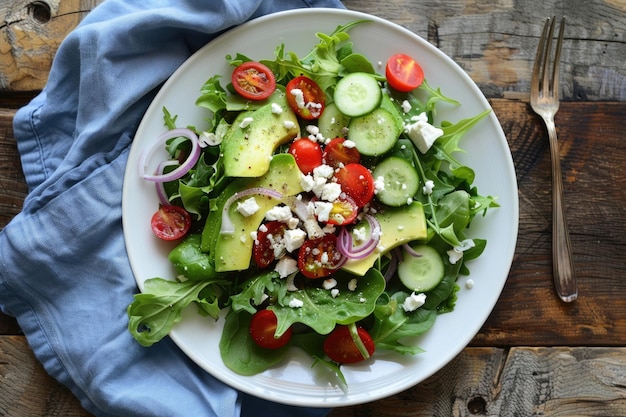 A vibrant summer salad with mixed greens cherry tomatoes and avocado on a white plate