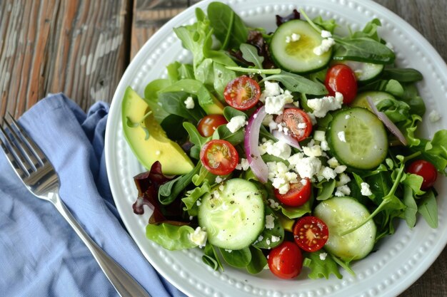 A vibrant summer salad with mixed greens cherry tomatoes and avocado on a white plate