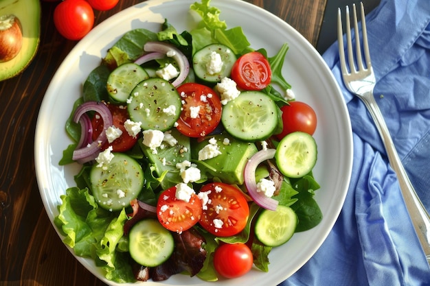 A vibrant summer salad with mixed greens cherry tomatoes and avocado on a white plate