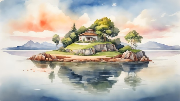 A vibrant sundrenched painting of a small island in the middle of a tranquil lake illustration