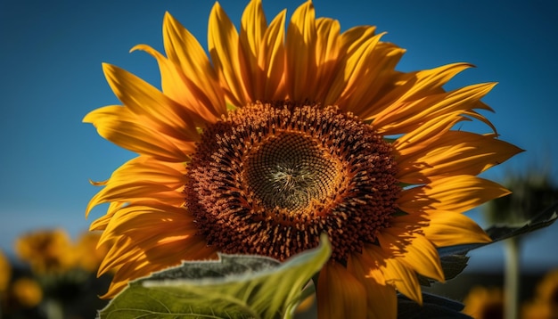 Vibrant sunflower in meadow attracts busy honeybee generated by AI