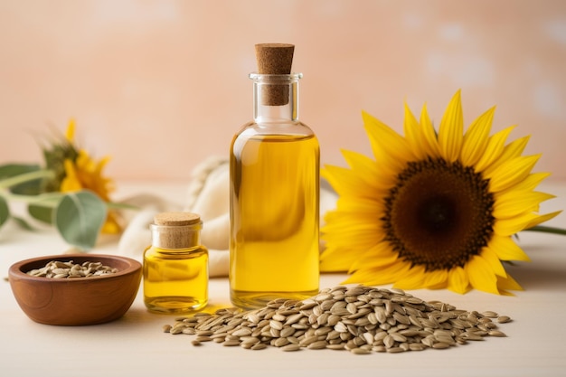 Vibrant sunflower with seeds and sunflower oil bottle natural ingredient for cooking and skincare on soft yellow backdrop