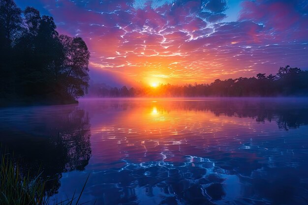 Vibrant Sunrise Over A Misty Lake