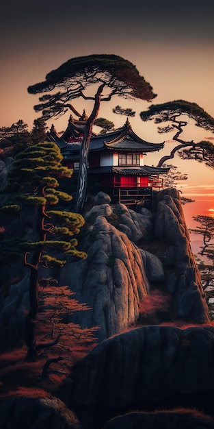 Vibrant Sunset over Ancient Citadel in Japan's Nature Reserve AIGenerated