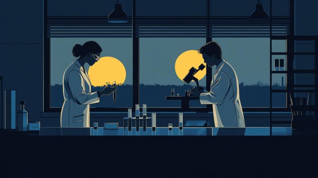 Photo under a vibrant sunset backdrop two scientists examine samples under microscopes at a laboratory desk