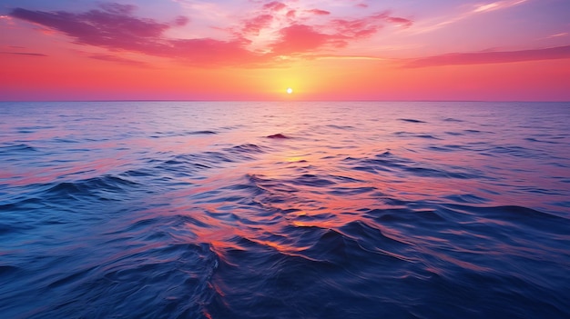 Vibrant sunset over calm ocean waters reflecting colors at twilight