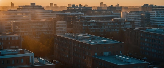 Photo vibrant sunset casts warm reflections across modern city buildings