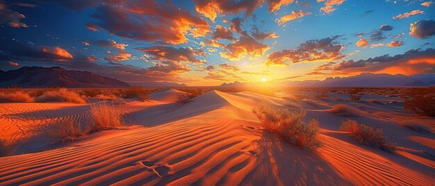 Photo vibrant sunset over desert landscape with dramatic clouds