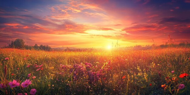 Photo vibrant sunset over a field of wildflowers with a soft glow and a blurry background