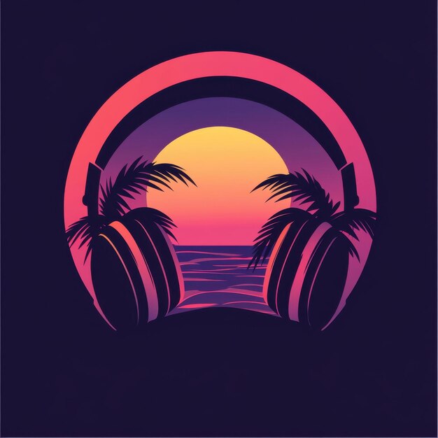 Photo vibrant sunset headphones palm trees music relaxation themes