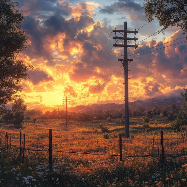 Photo a vibrant sunset illuminates a rural landscape with a wooden power pole and a wire fence in the foreground