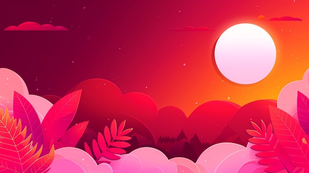 Photo vibrant sunset illustration with bold pink and red hues depicting a dreamy landscape with lush foliage under a bright sun