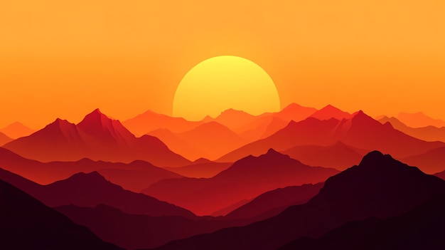 A vibrant sunset over a mountain range with a large yellow sun in the sky