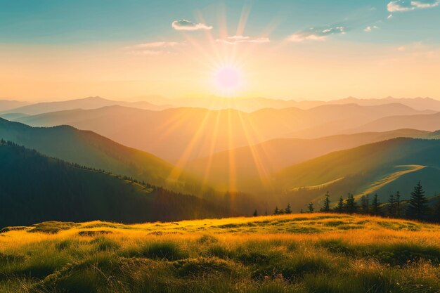 Photo a vibrant sunset over a mountainous landscape with sun rays beaming through the clouds casting a warm glow on the green hills and trees