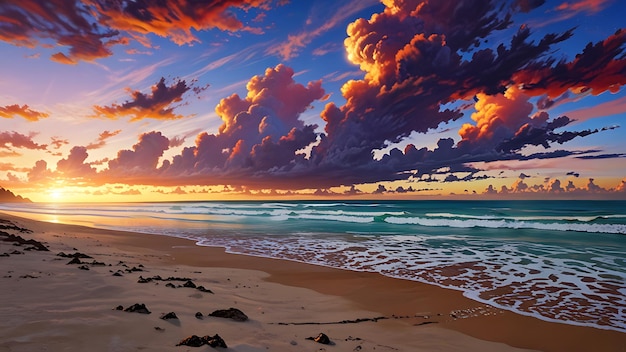 Photo vibrant sunset over ocean beach with dramatic clouds