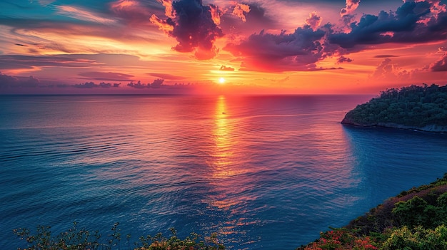 Photo vibrant sunset over the ocean with a small boat and a forestcovered headland