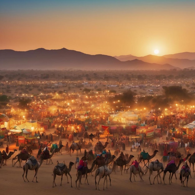 A vibrant sunset paints the sky above the renowned Rajasthan fair