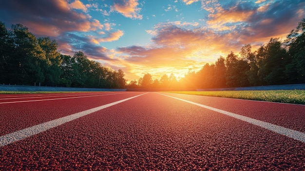 A vibrant sunset over a red athletic track symbolizing sports and outdoor activity