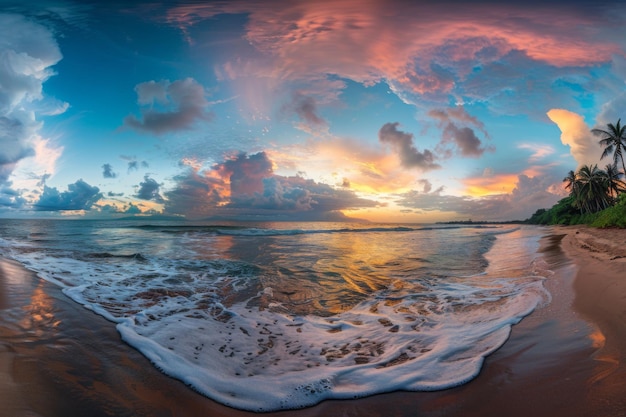 Vibrant sunset reflecting on waves at tropical beach