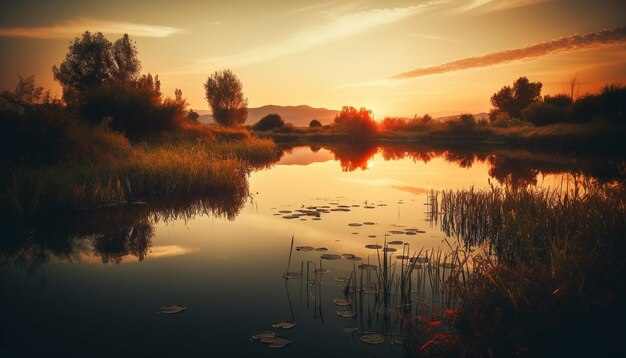 Photo vibrant sunset reflects on tranquil pond water generated by ai