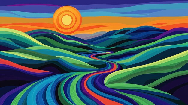 Vibrant sunset over rolling hills and river