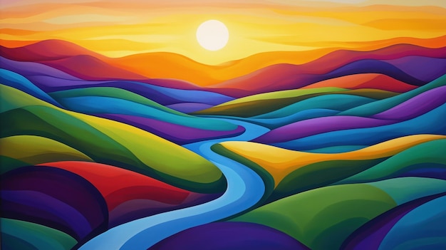 Photo vibrant sunset over rolling hills and river