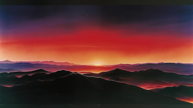 Photo a vibrant sunset over rolling mountains showcasing a blend of colors in the sky