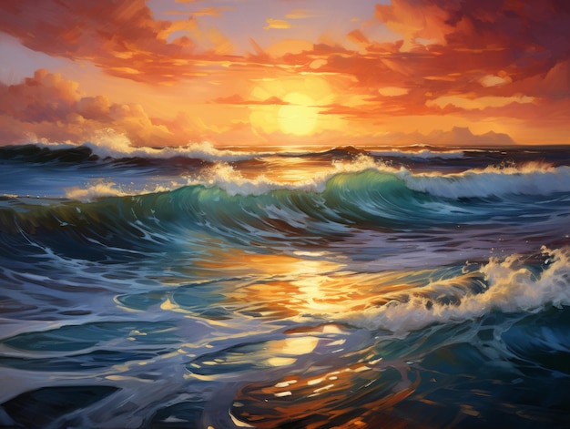 Vibrant sunset over rolling ocean waves