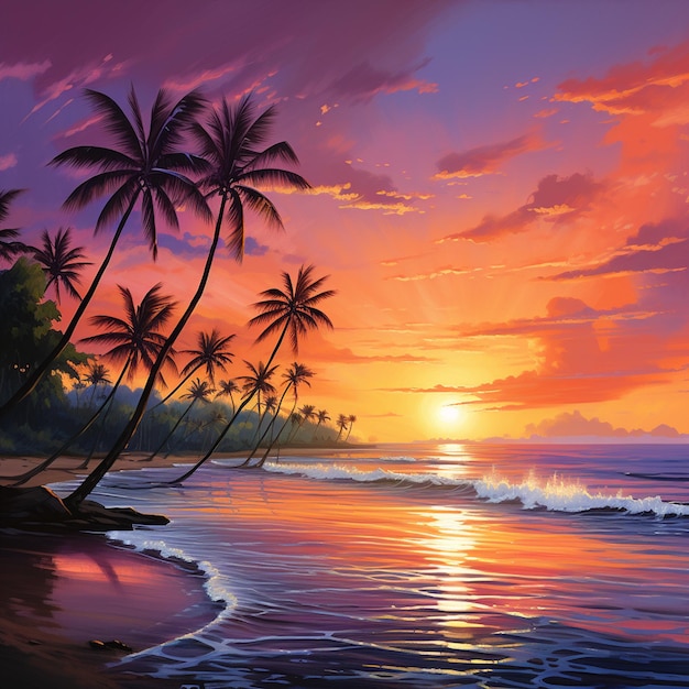 A vibrant sunset over a serene beach with palm trees swaying in the breeze